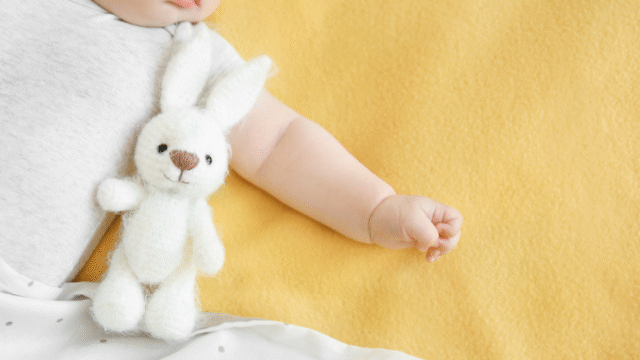 ぬいぐるみを抱いた赤ちゃんの腕とあたたかい毛布。子どもとの思い出を感じさせるやさしい一枚。
